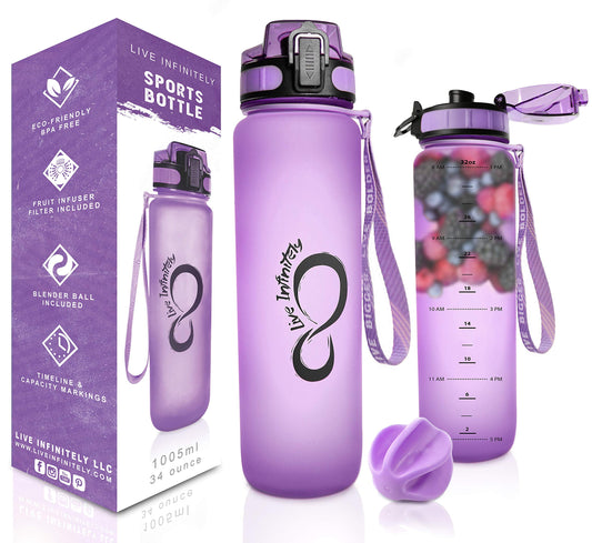 Gym Water Bottle with Time Marker Fruit Infuser and Shaker 34 Oz Purple